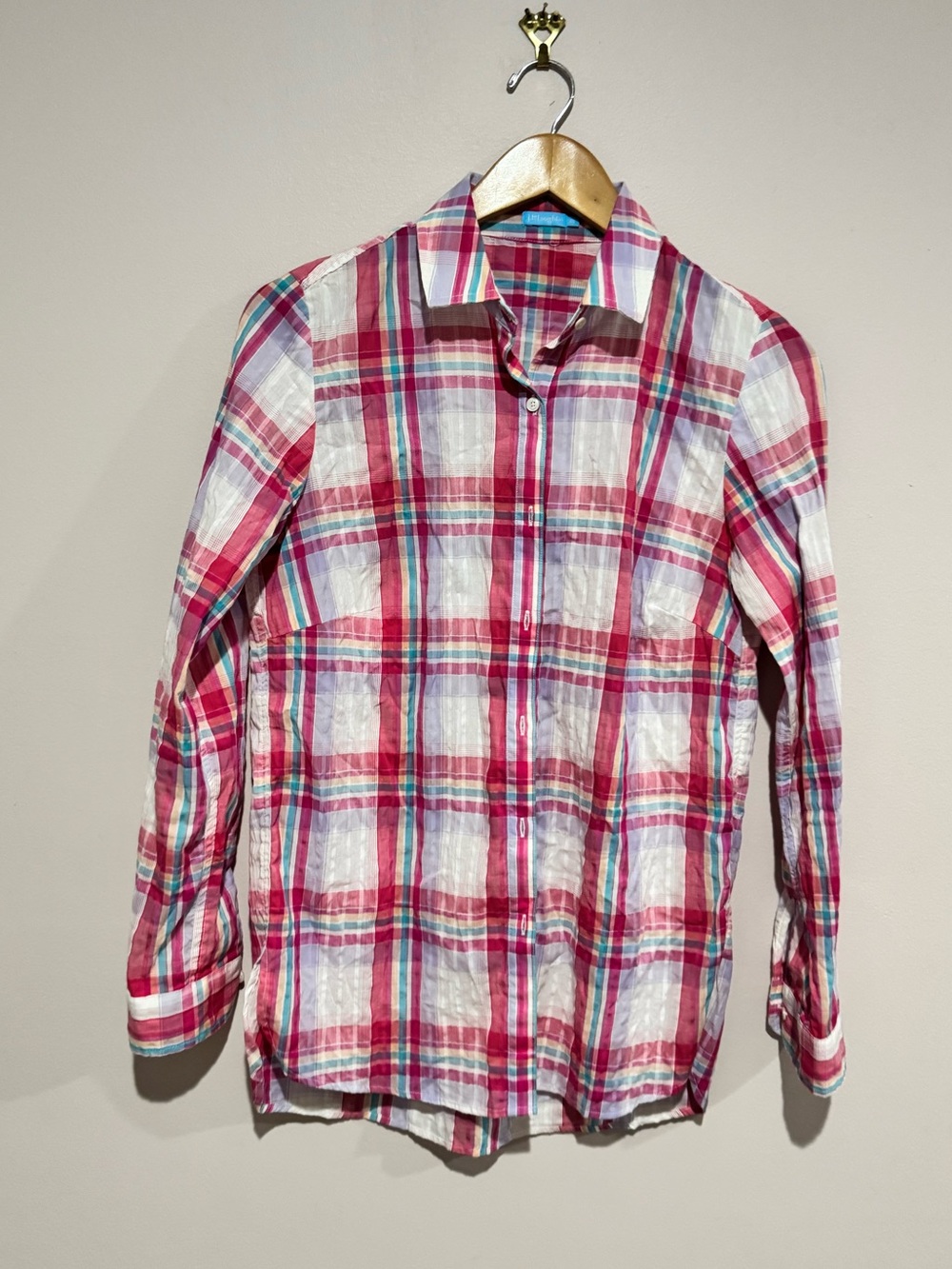 J. McLaughlin Men's Plaid Button-Up Shirt XS Pink White Blue Long Sleeve